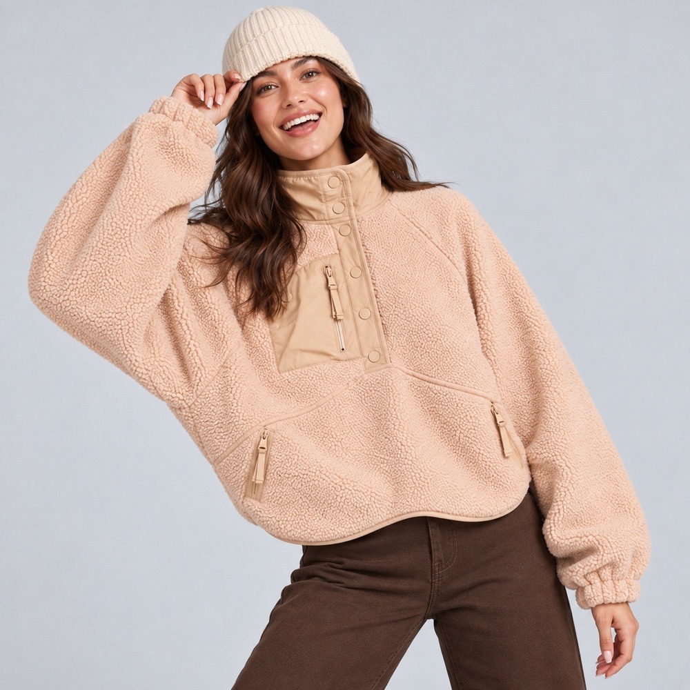 FP Movement Hit The Slopes Fleece Pullover Womens XS Peach Snap Mock Neck Jacket